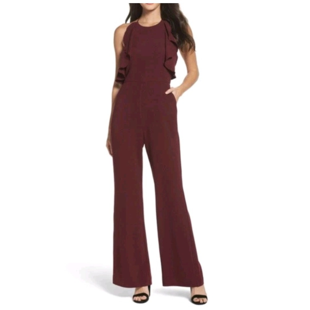 Charles Henry Burgundy Ruffle Halter Wide Leg Jumpsuit Wedding Guest Large